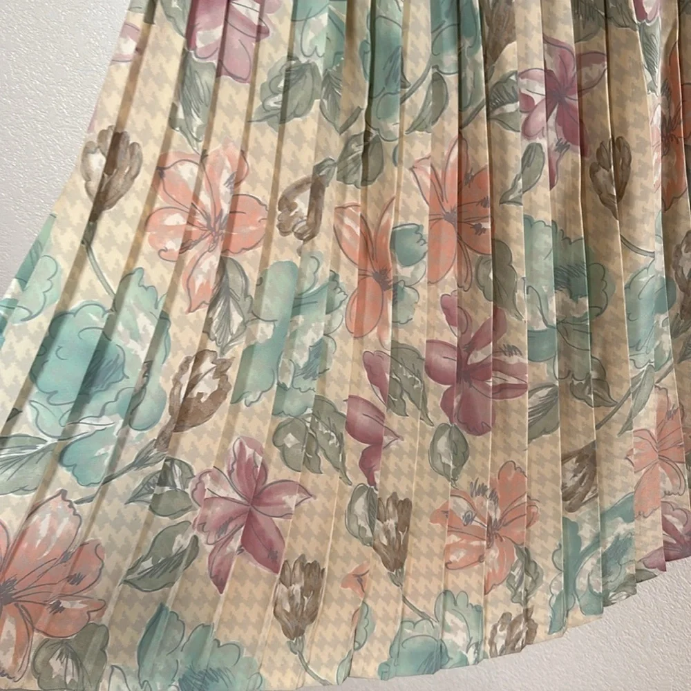 Vintage Andrea Gayle Floral & Houndstooth Midi Pleated Skirt Size Large